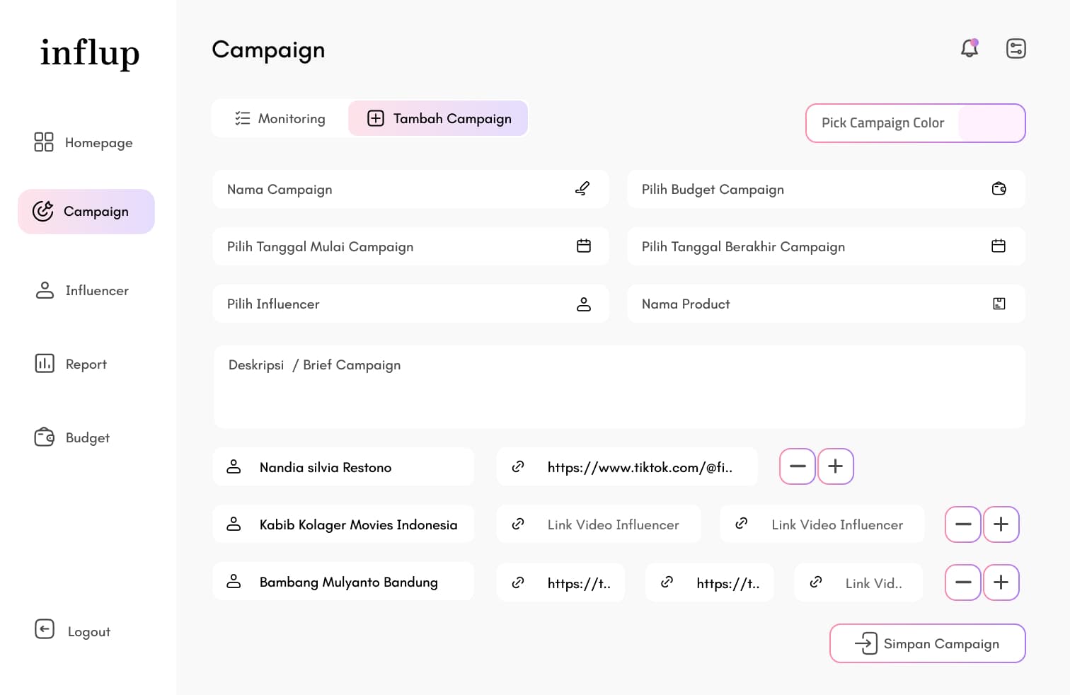 Influp — Dashboard